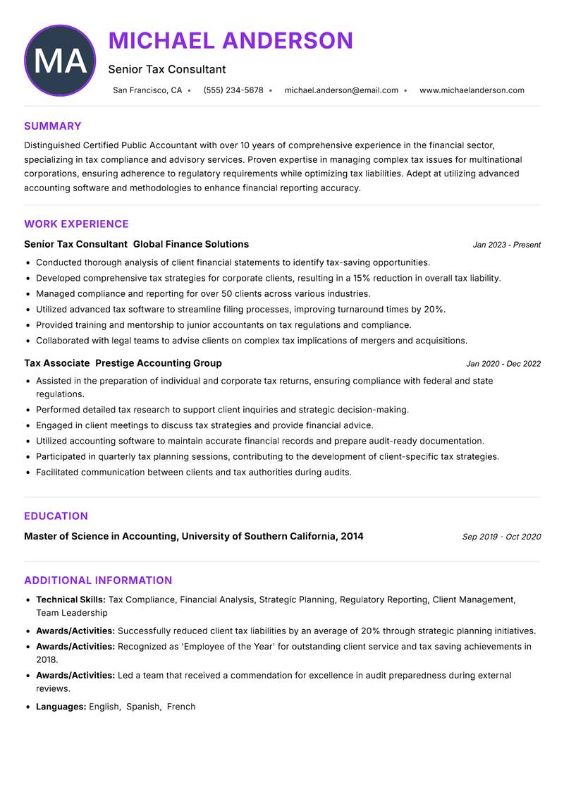 Certified Public Accountant Resume Preview Example