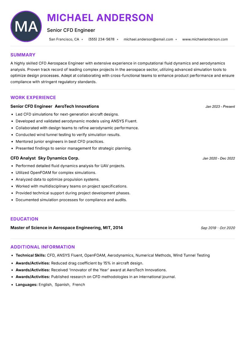 CFD Aerospace Engineer Resume Preview Example