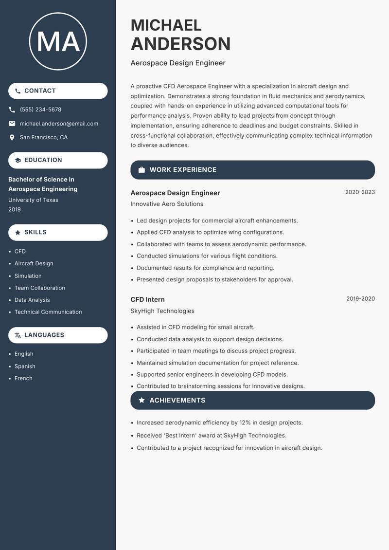 CFD Aerospace Engineer Resume Preview Example