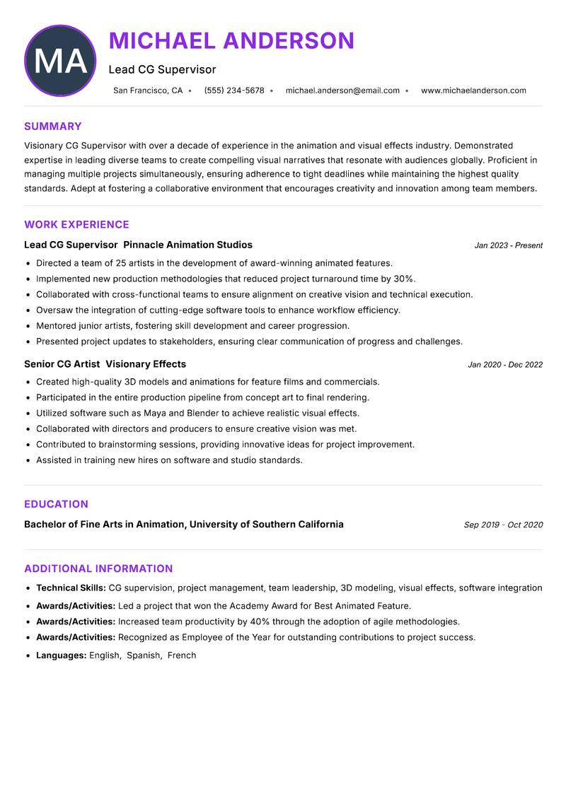 CG Supervisor Resume Preview Example