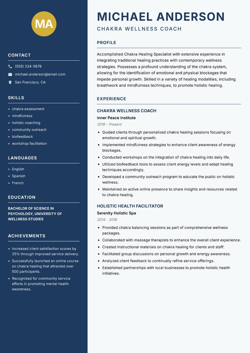 Chakra Healing Specialist Resume Preview Example