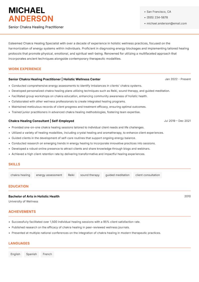 Chakra Healing Specialist Resume Template