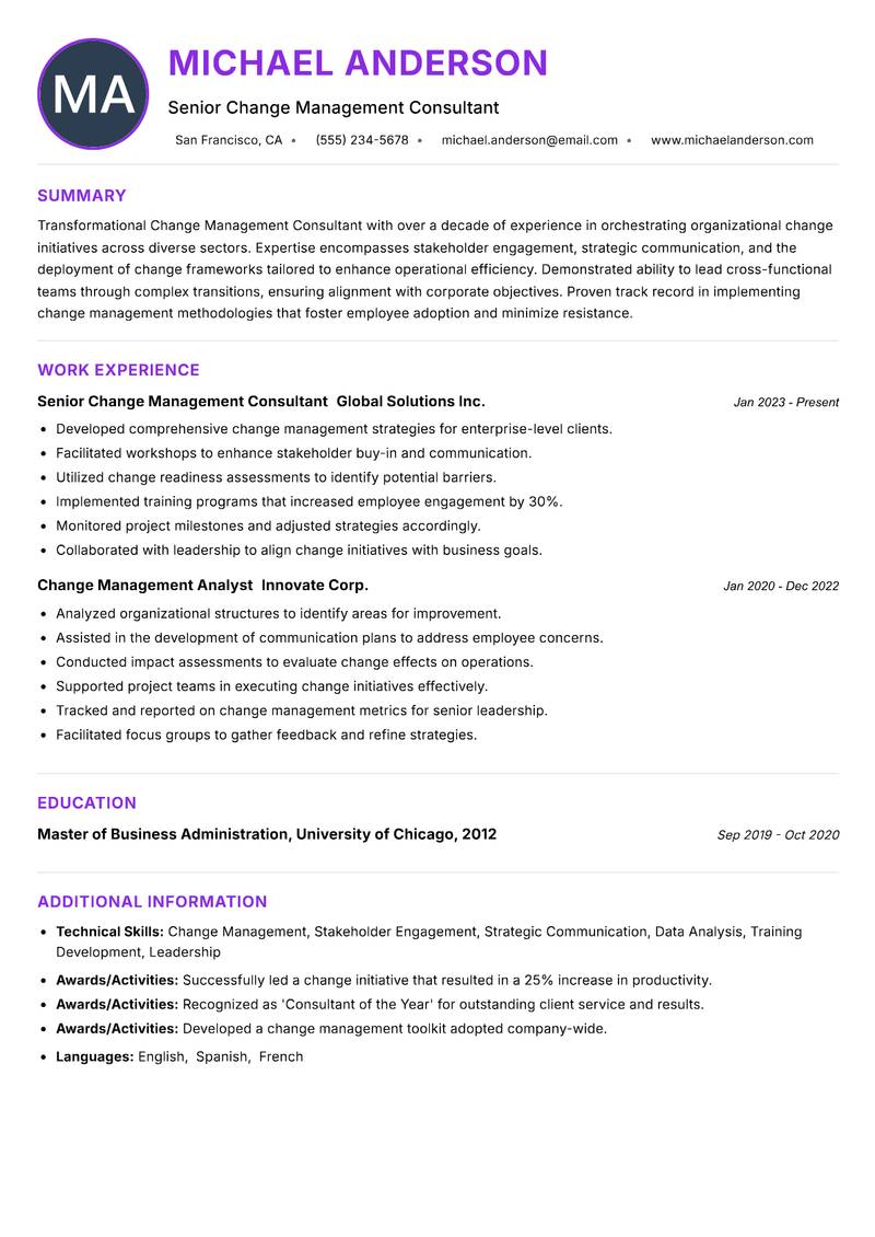 Change Management Consultant Resume Preview Example