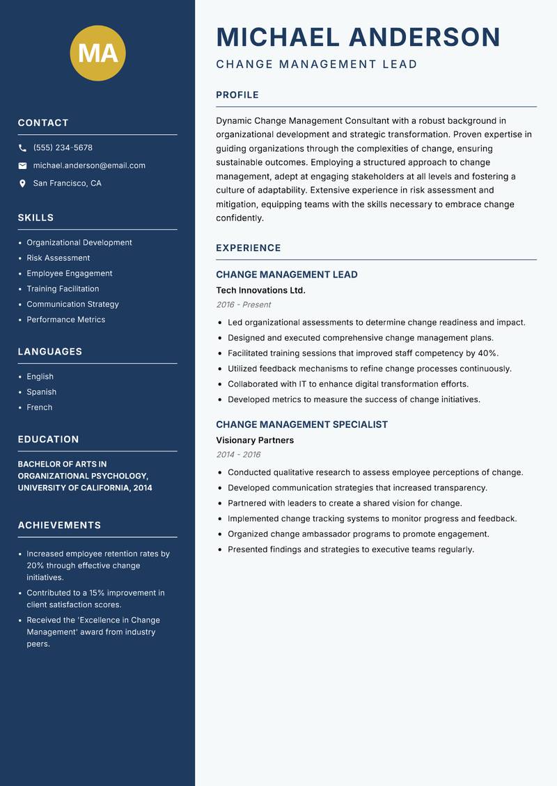 Change Management Consultant Resume Preview Example