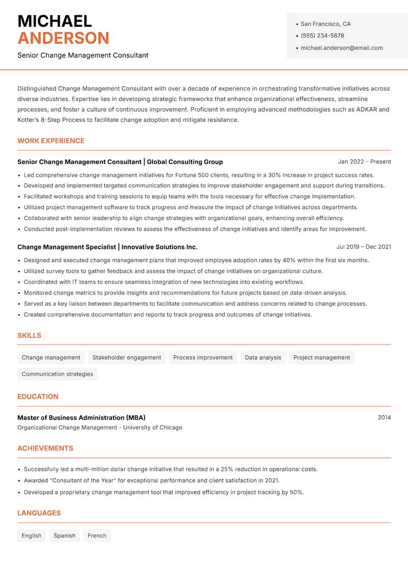 Change Management Consultant Resume Template