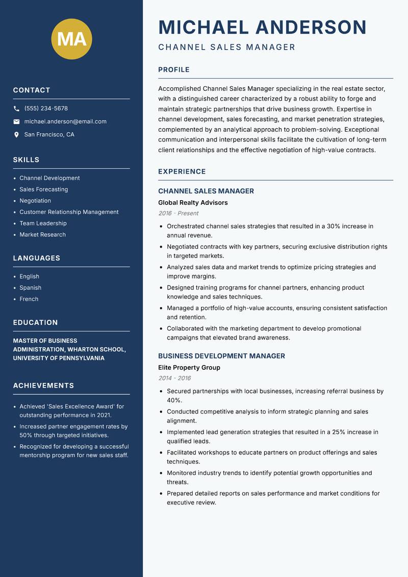 Channel Sales Manager Real Estate Resume Preview Example