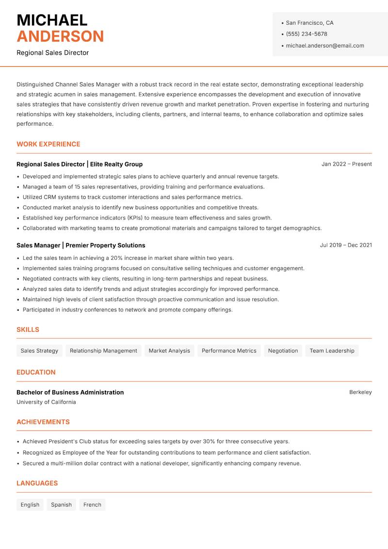 Channel Sales Manager Real Estate Resume Template