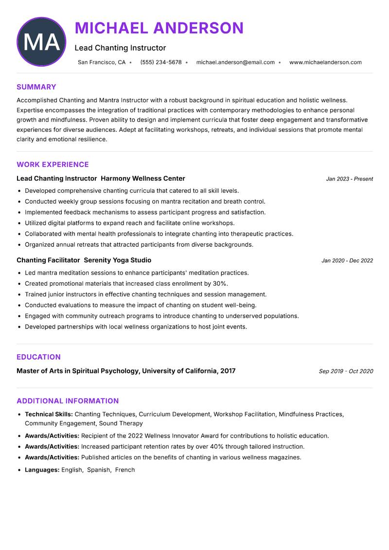 Chanting and Mantra Instructor Resume Preview Example