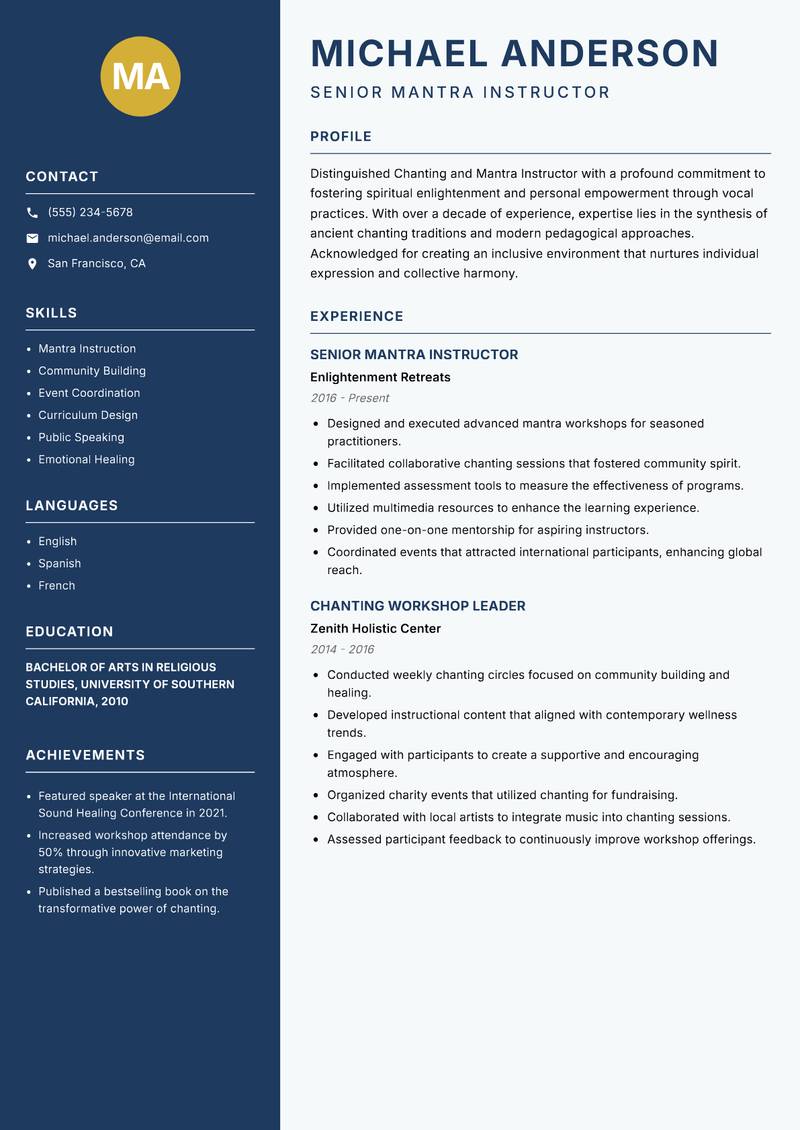 Chanting and Mantra Instructor Resume Preview Example