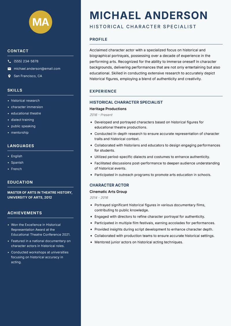 Character Actor Resume Preview Example