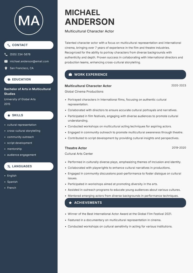 Character Actor Resume Preview Example