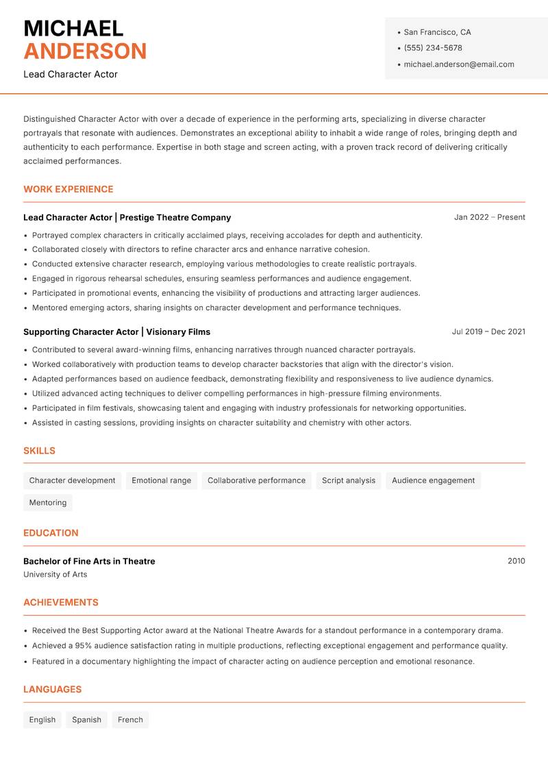 Character Actor Resume Template