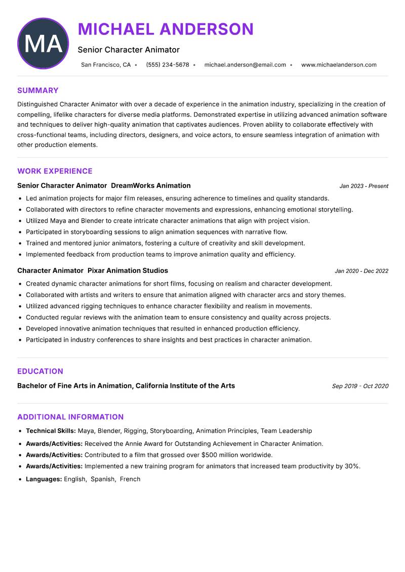 Character Animator Resume Preview Example