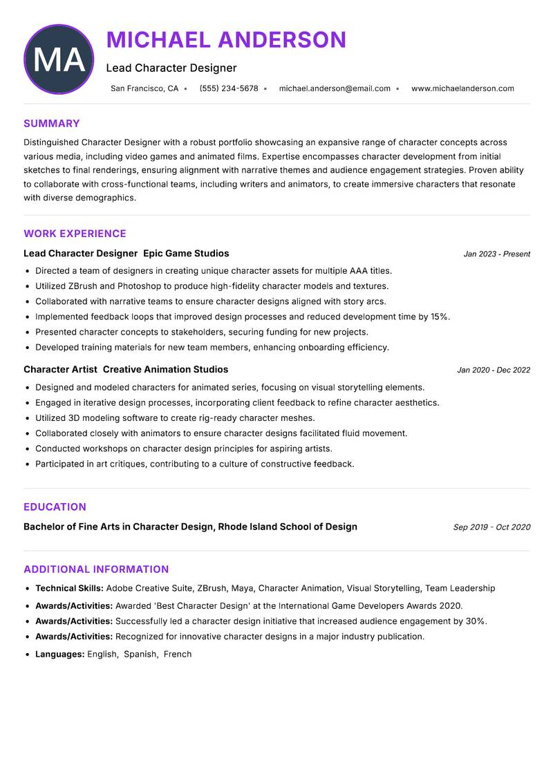 Character Designer Resume Preview Example