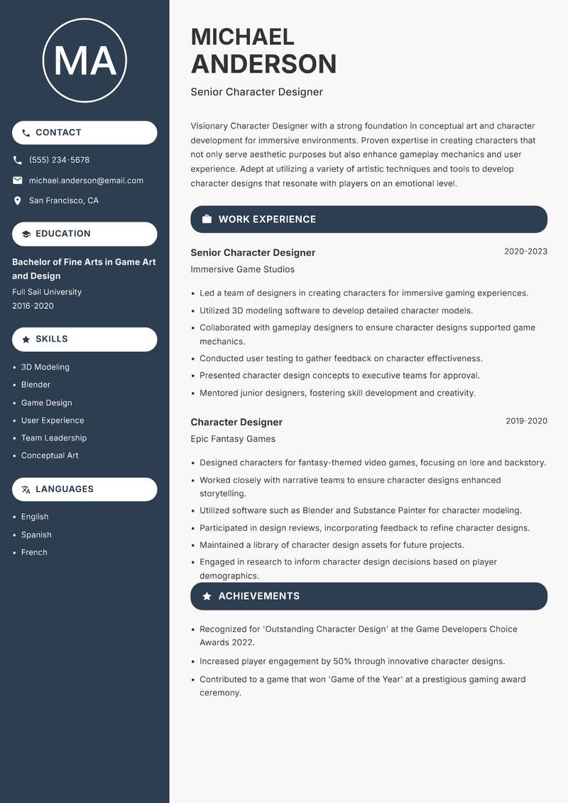 Character Designer Resume Preview Example