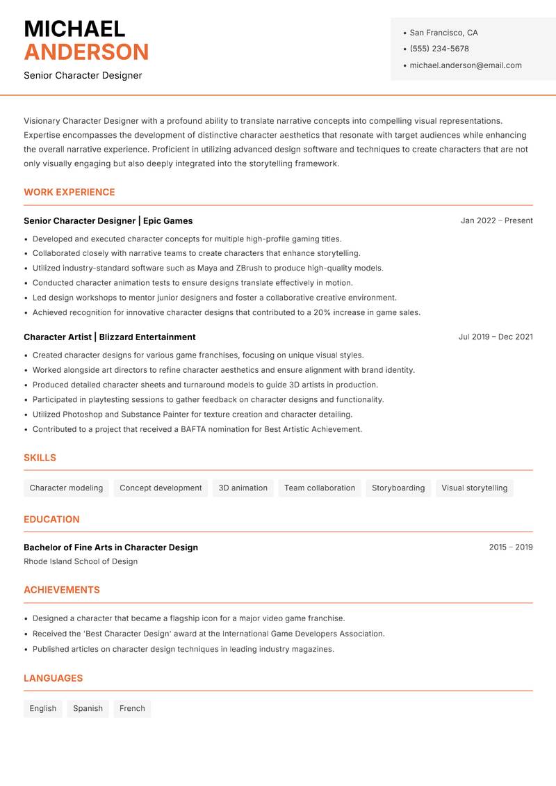 Character Designer Resume Template
