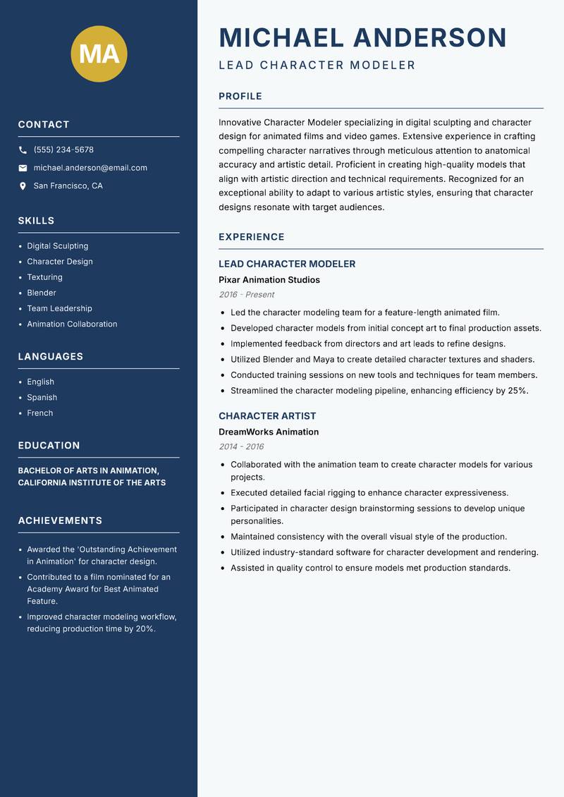 Character Modeler Resume Preview Example
