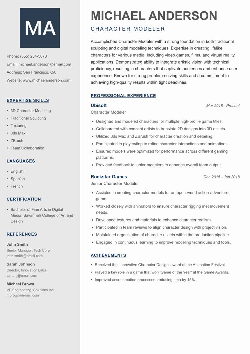Character Modeler Resume Preview Example