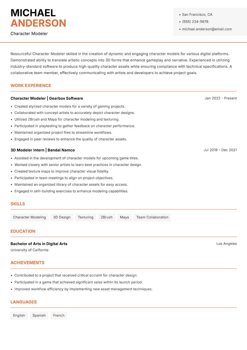 Character Modeler Resume Template