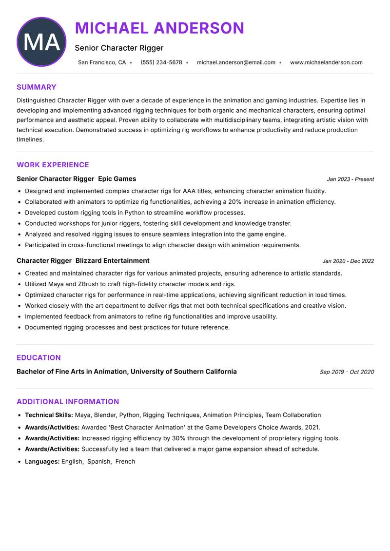 Character Rigger Resume Preview Example