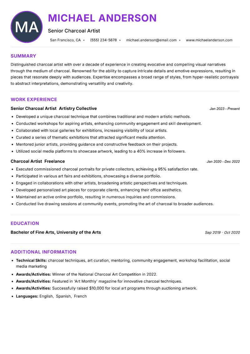 Charcoal Artist Resume Preview Example