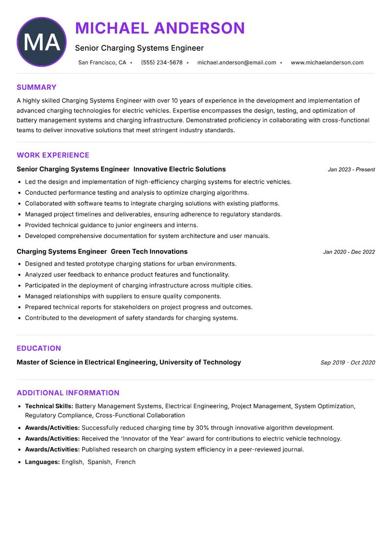 Charging Systems Engineer Resume Preview Example
