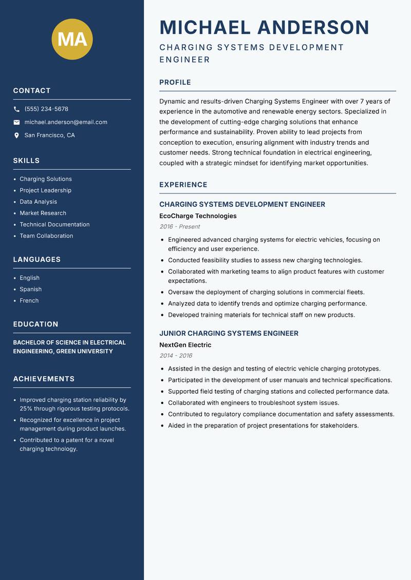Charging Systems Engineer Resume Preview Example