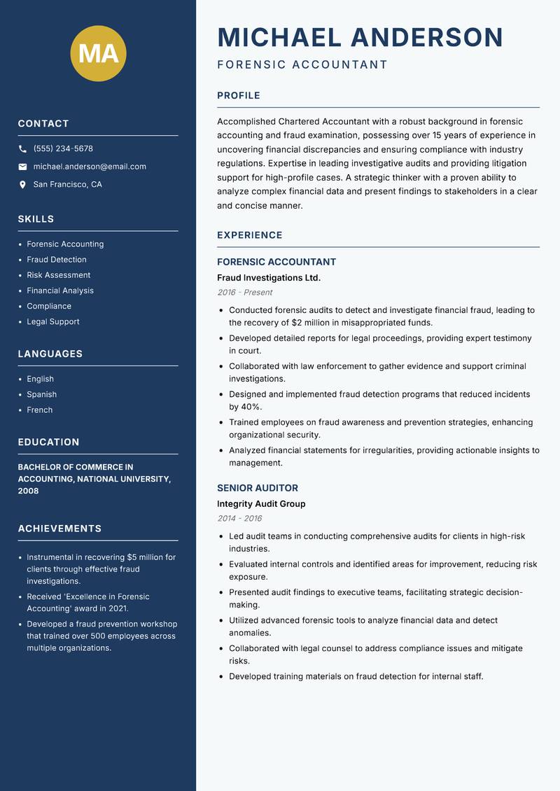Chartered Accountant Resume Preview Example