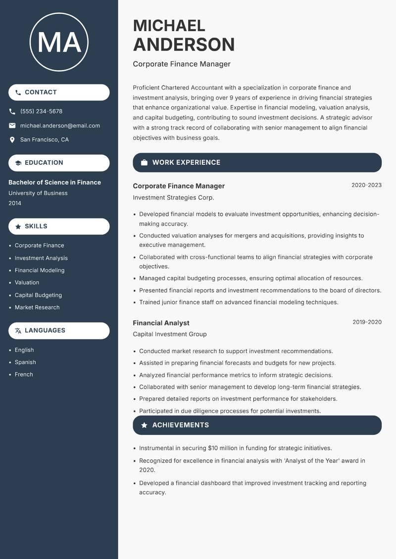 Chartered Accountant Resume Preview Example