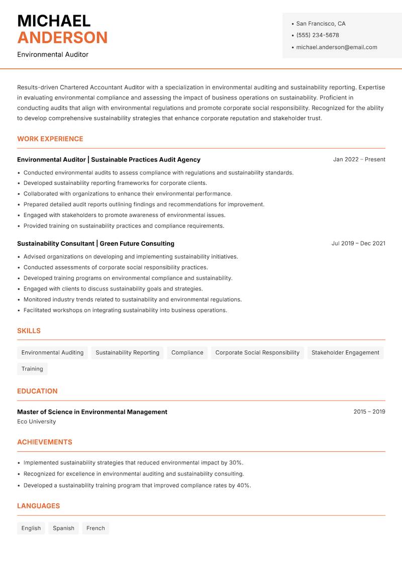 Chartered Accountant Auditor Resume Template