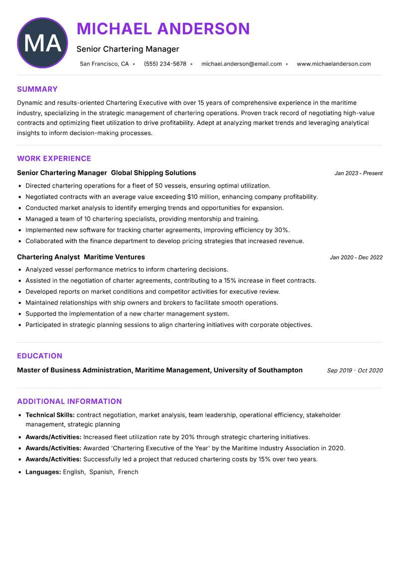 Chartering Executive Resume Preview Example