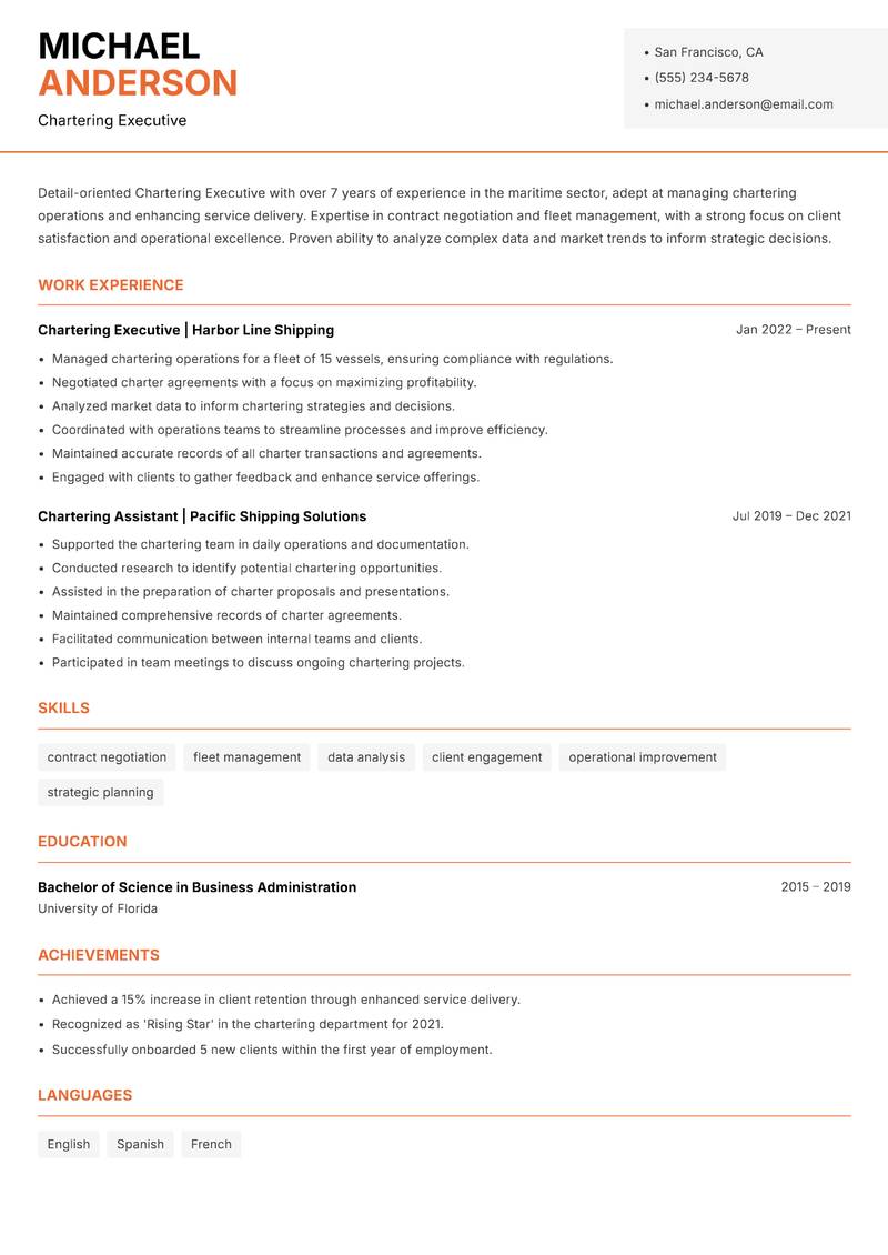 Chartering Executive Resume Template