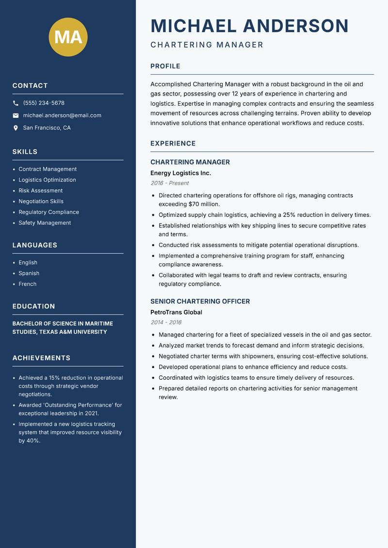 Chartering Manager Resume Preview Example