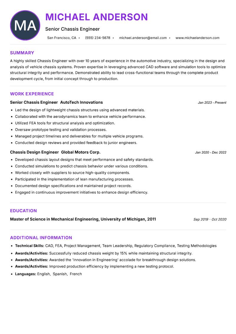 Chassis Engineer Resume Preview Example