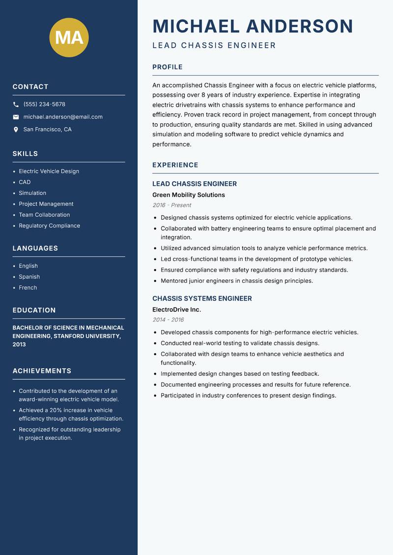Chassis Engineer Resume Preview Example