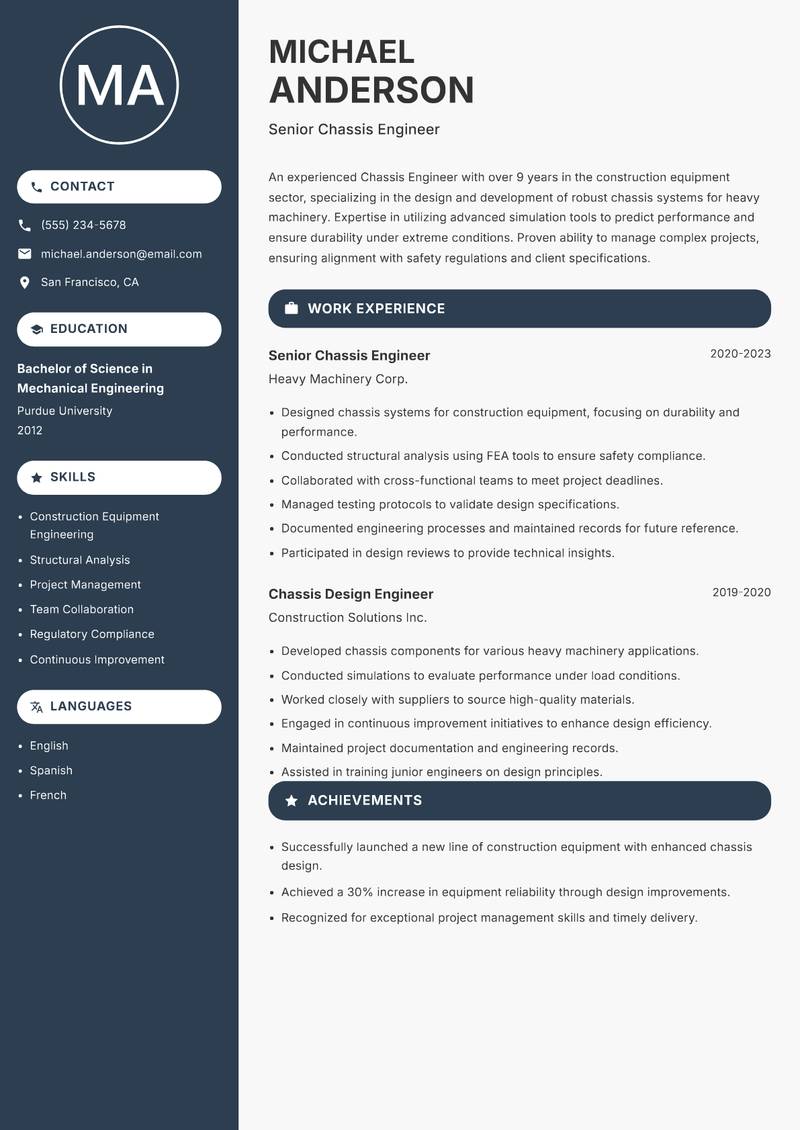 Chassis Engineer Resume Preview Example