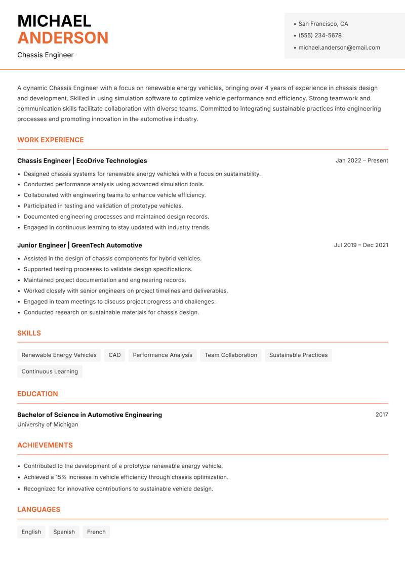 Chassis Engineer Resume Template