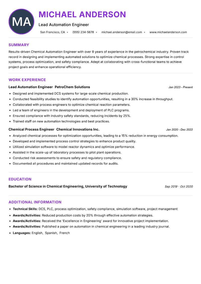 Chemical Automation Engineer Resume Preview Example