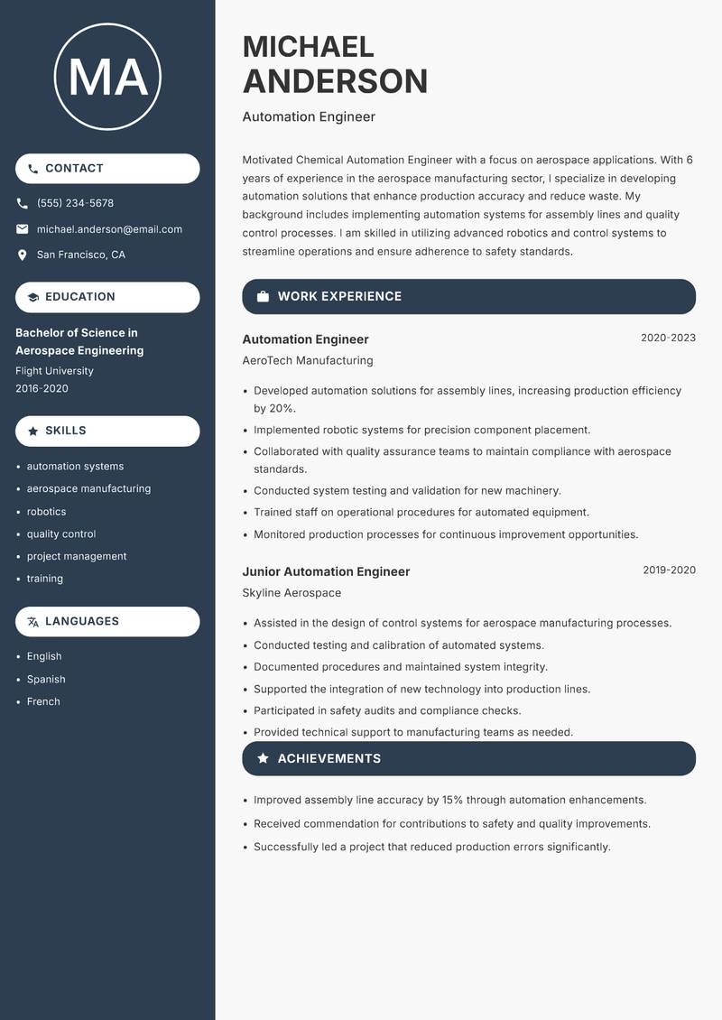 Chemical Automation Engineer Resume Preview Example