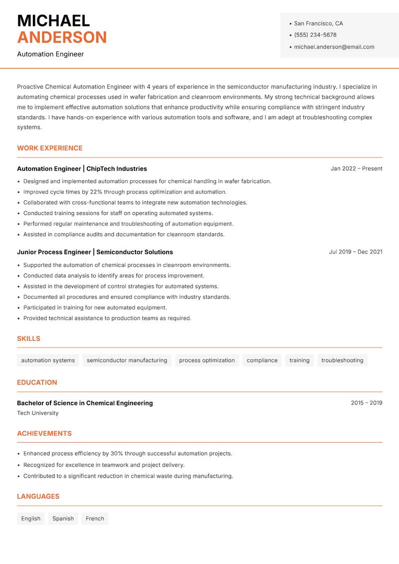 Chemical Automation Engineer Resume Template