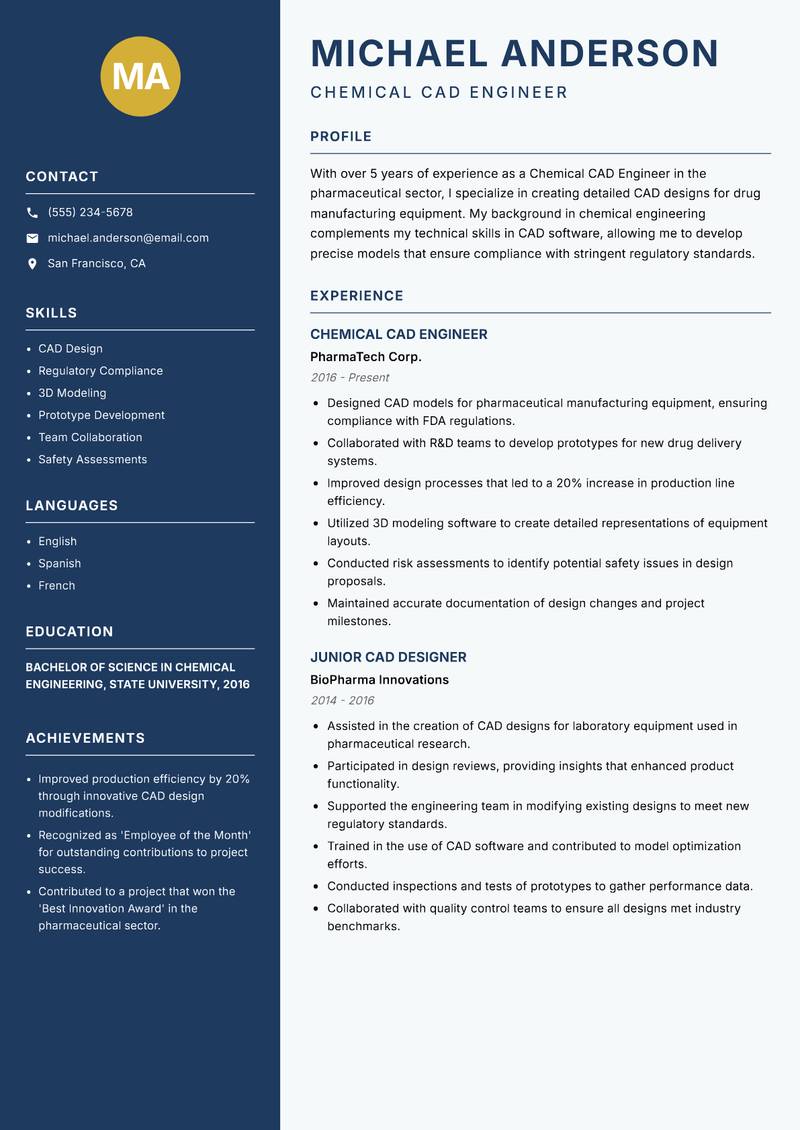Chemical CAD Engineer Resume Preview Example