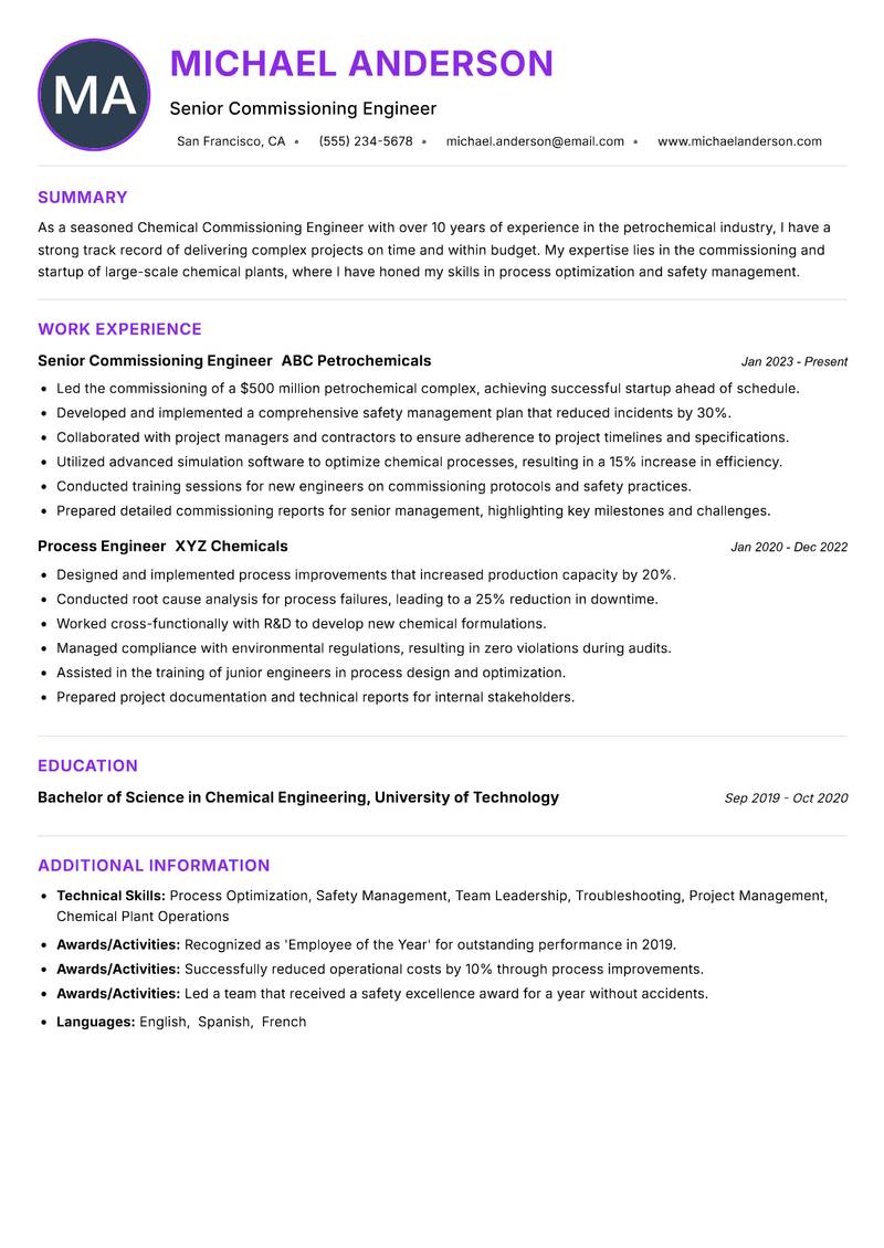 Chemical Commissioning Engineer Resume Preview Example