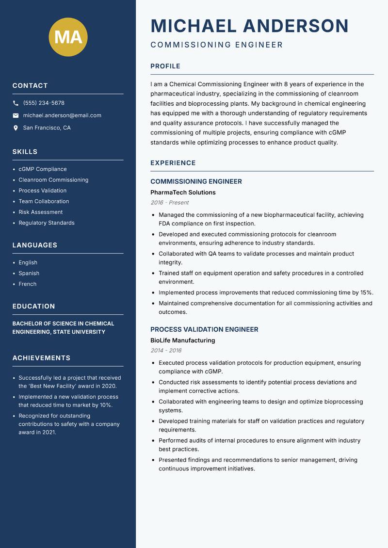 Chemical Commissioning Engineer Resume Preview Example
