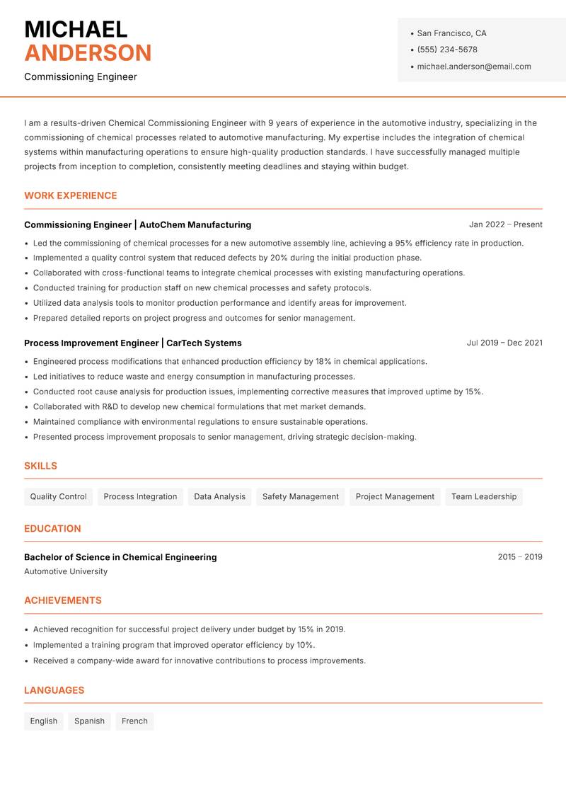 Chemical Commissioning Engineer Resume Template