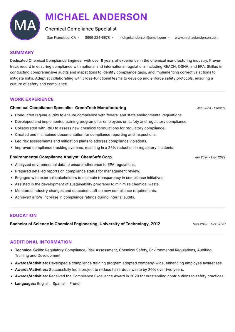 Chemical Compliance Engineer Resume Preview Example