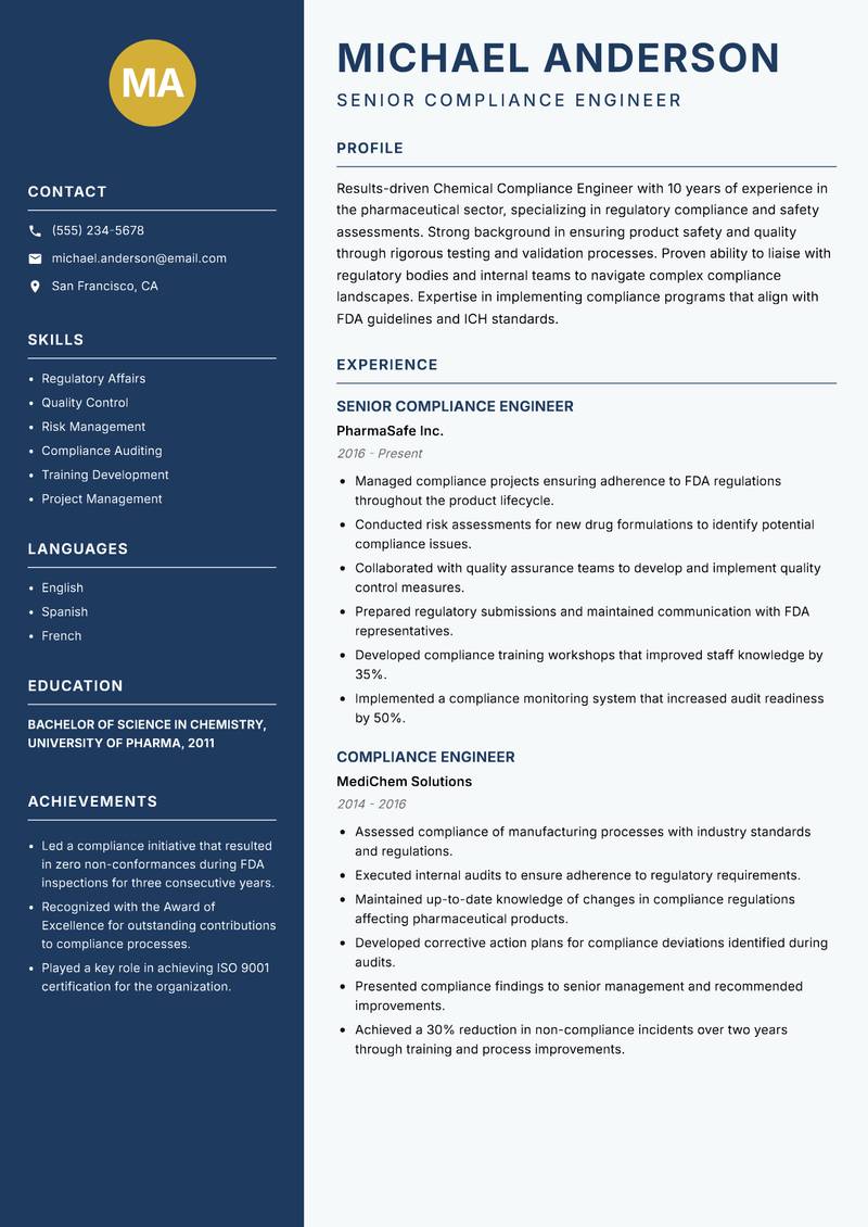 Chemical Compliance Engineer Resume Preview Example