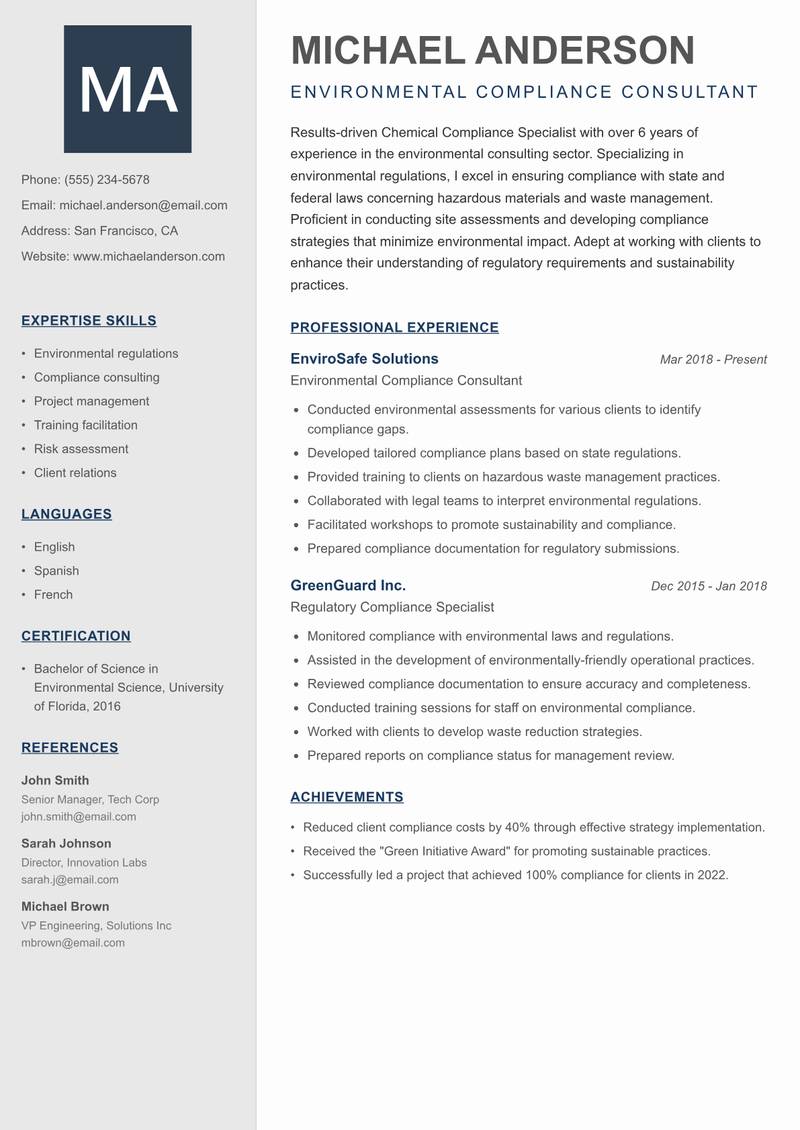 Chemical Compliance Specialist Resume Preview Example