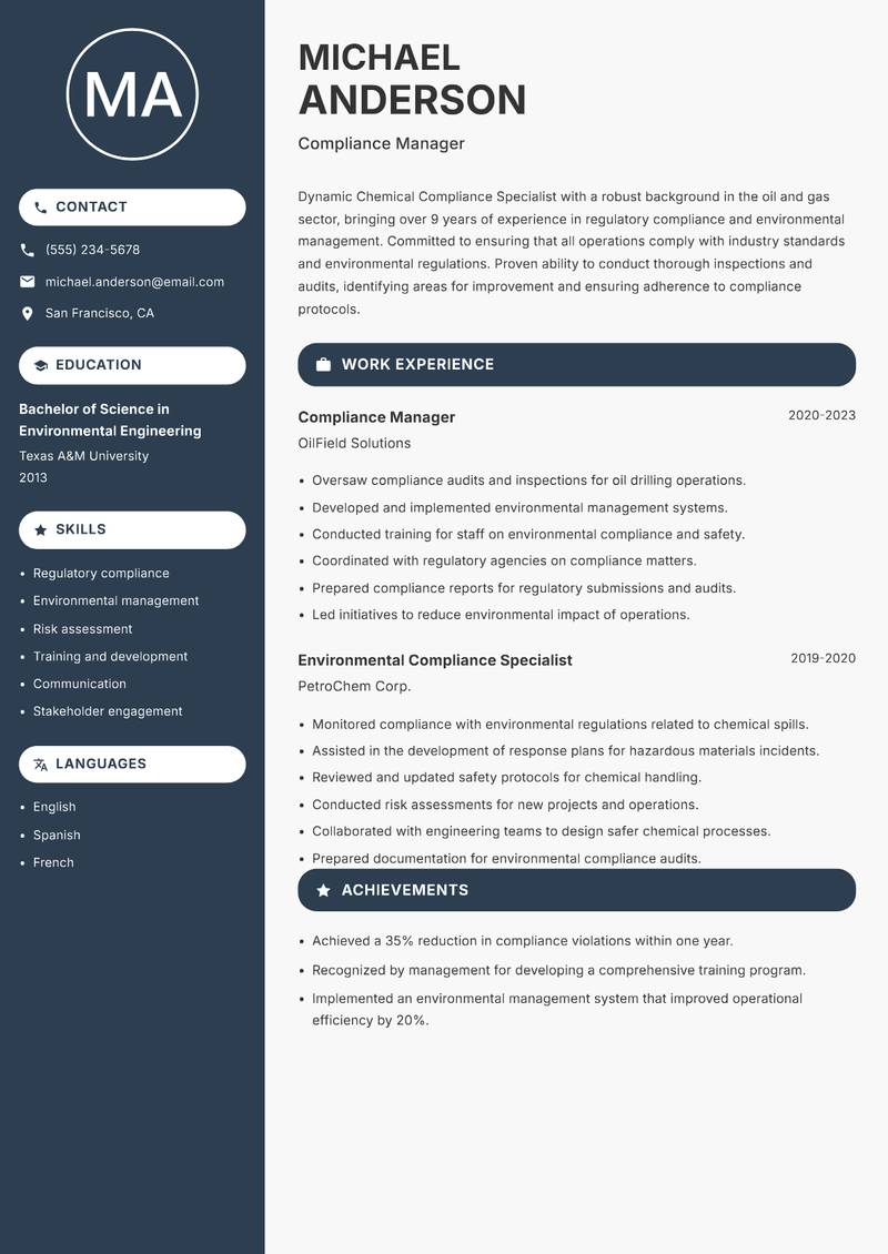 Chemical Compliance Specialist Resume Preview Example