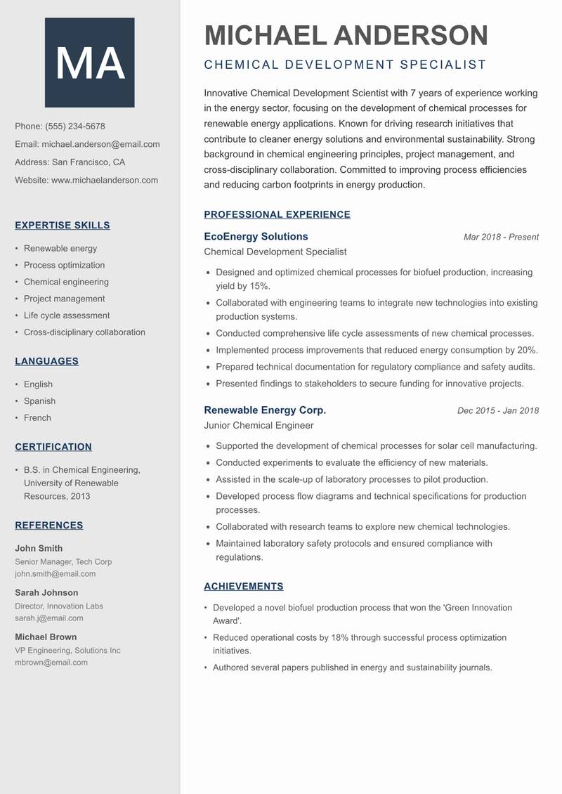 Chemical Development Scientist Resume Preview Example