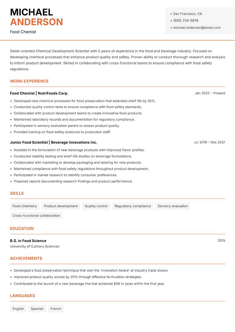 Chemical Development Scientist Resume Template